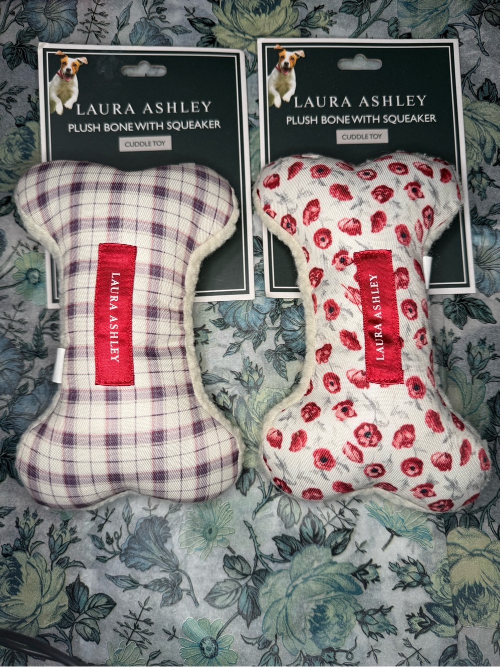 NWT Laura Ashley Plush Bone Squeaker Dog Toy Bundle Set of 2 Floral Plaid